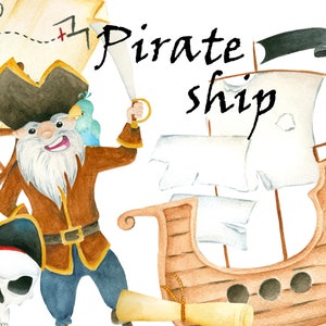 Clipart de acuarela pirata, clipart de barco pirata, ilustración pirata, clipart de acuarela, clipart de álbum de recortes, mapa del tesoro de calavera, isla del tesoro