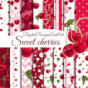 Papel digital de cerezas, Papeles de acuarela de cerezas, Patrones sin costuras, Patrones de cerezas rojas, Papel de acuarela, Papel de frutas, Papeles de verano