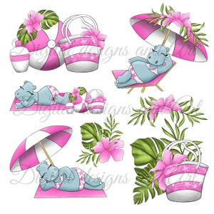 Hippo clipart, Cute hippo, Beach clipart, Funny beach clipart, Watercolor hippo, hippopotamus clipart, Summer clipart, Ball clipart image 2