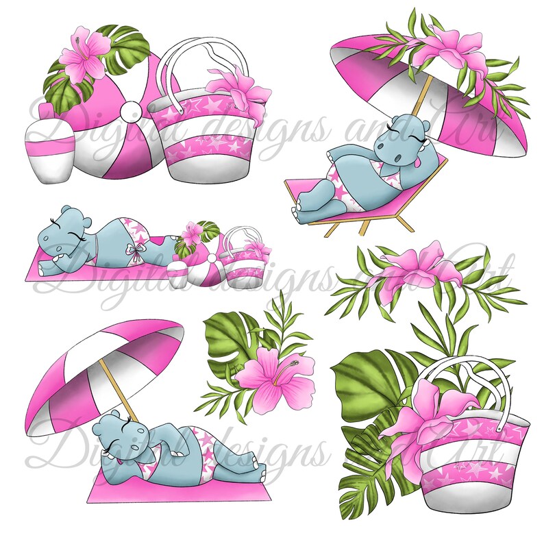 Hippo clipart, Cute hippo, Beach clipart, Funny beach clipart, Watercolor hippo, hippopotamus clipart, Summer clipart, Ball clipart image 2