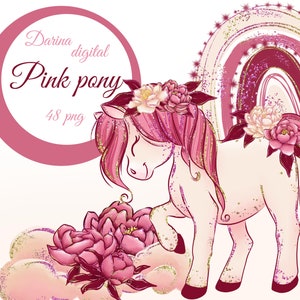 Pony clipart, pink pony illustration, Horse clipart, watercolor clipart, pink rainbow, pink clouds, girl pony, peony clipart, pink flower