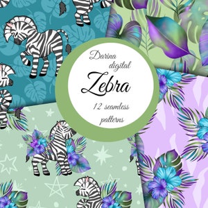 Padrão de zebra, papel de zebra, papel tropical, flor tropical, papel de verão, papel infantil, gráficos de sublimação, impressão sob demanda, lojas POD