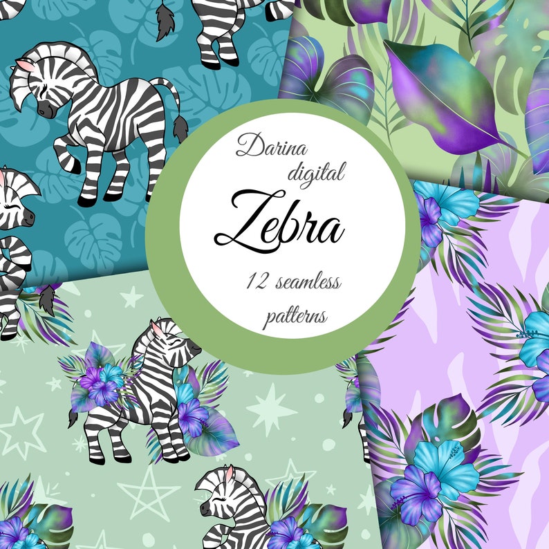 May include: A set of 12 seamless patterns featuring cute cartoon zebras with tropical leaves and flowers. The patterns are in a variety of colors, including green, blue, purple, and pink. The text "Darina digital Zebra 12 seamless patterns" is in a circle in the center of the image.