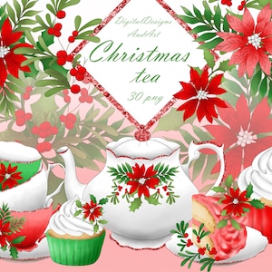 Christmas tea clipart, Tea clipart, teapot clipart, Christmas clipart, watercolor clipart, Christmas cake, Christmas flower, Cupcake clipart