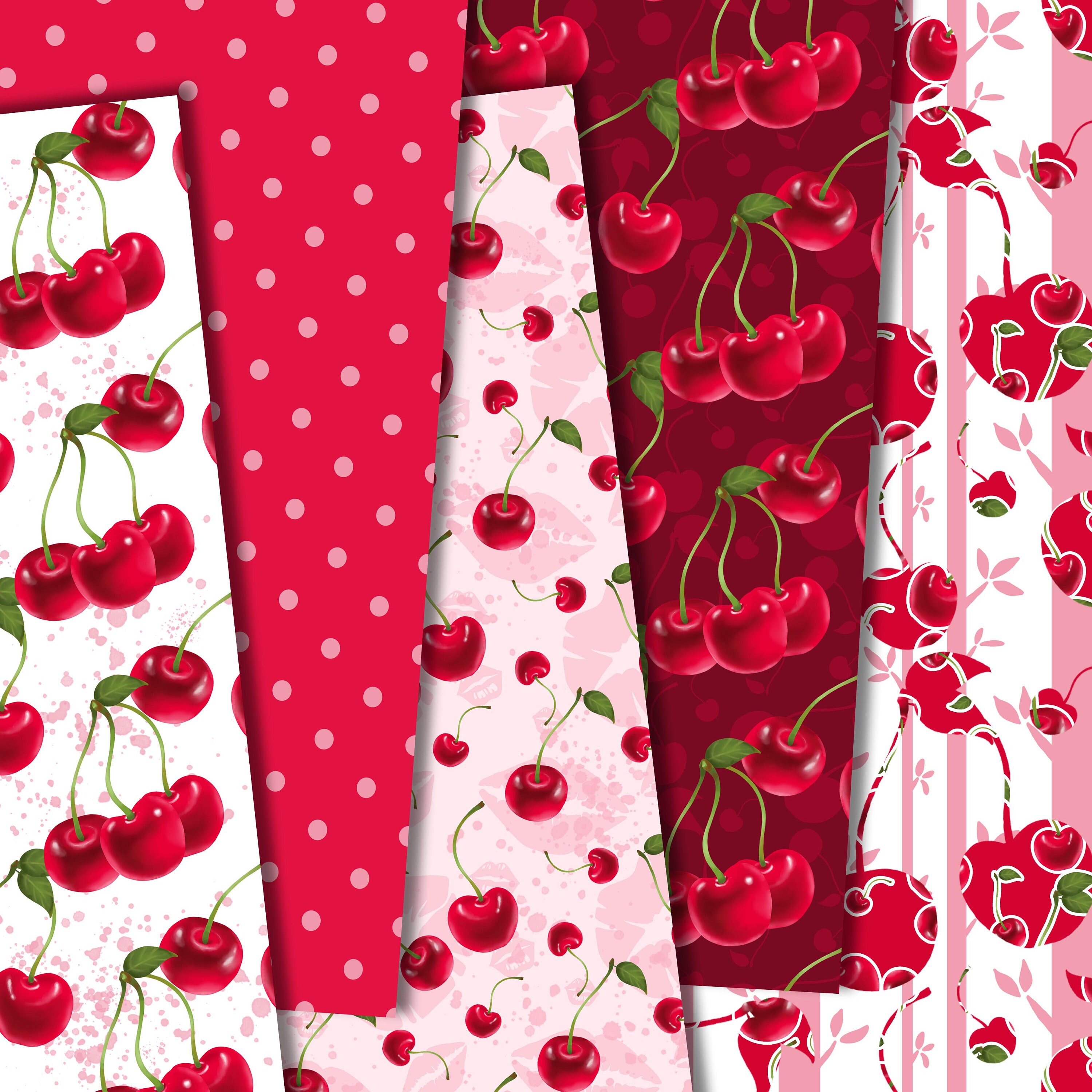 Cherry Digital Paper, Watercolor Cherry Papers, Seamless Patterns, Red ...