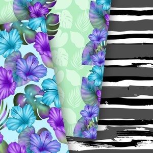 May include: A digital paper pack with three different patterns. The first pattern features blue and purple hibiscus flowers with green leaves on a light blue background. The second pattern features green leaves on a light green background. The third pattern features black and white stripes.