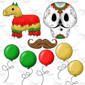 May include: A festive illustration featuring a colorful pi&ntilde;ata, a decorated sugar skull, a brown mustache, and balloons in green, red, and yellow. The image has a celebratory theme, perfect for Cinco de Mayo or other cultural events.