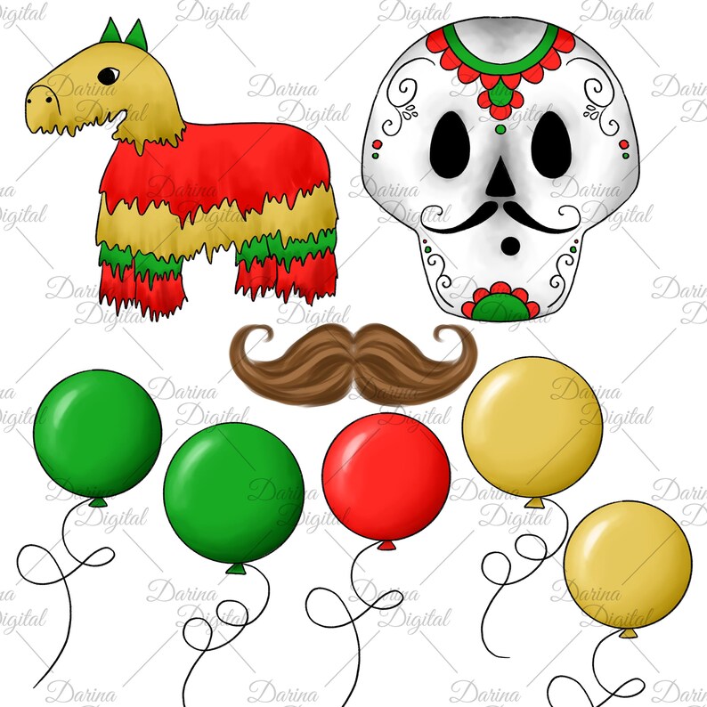 May include: A festive illustration featuring a colorful pi&ntilde;ata, a decorated sugar skull, a brown mustache, and balloons in green, red, and yellow. The image has a celebratory theme, perfect for Cinco de Mayo or other cultural events.