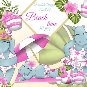 Hippo clipart, Cute hippo, Beach clipart, Funny beach clipart, Watercolor hippo, hippopotamus clipart, Summer clipart, Ball clipart image 1