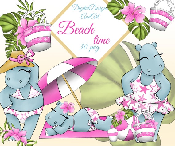Hippo clipart, Cute hippo, Beach clipart, Funny beach clipart, Watercolor hippo, hippopotamus clipart, Summer clipart, Ball clipart
