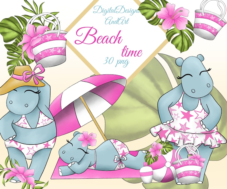 Hippo clipart, Cute hippo, Beach clipart, Funny beach clipart, Watercolor hippo, hippopotamus clipart, Summer clipart, Ball clipart image 1