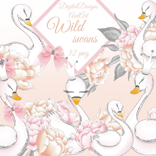 Clipart cygne sauvage, illustration de cygne, cygne blanc clipart, clipart pivoine, clipart fleur, clipart paillettes, illustration oiseau, clipart planificateur