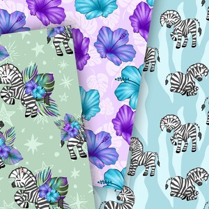 May include: A seamless pattern featuring a zebra with black and white stripes, blue and purple hibiscus flowers, and green leaves on a light green background. The pattern is perfect for fabric, wallpaper, or wrapping paper.