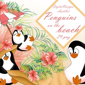 beach penguins clipart, penguin illustration, summer clipart, flower clipart, beach clipart, penguin clipart, summer flowers, summer clipart