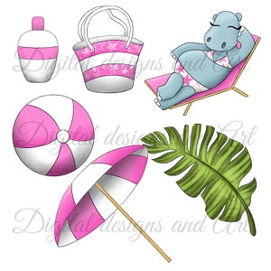 Hippo clipart, Cute hippo, Beach clipart, Funny beach clipart, Watercolor hippo, hippopotamus clipart, Summer clipart, Ball clipart image 5