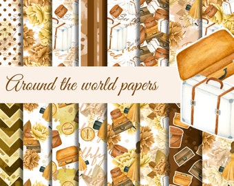 Paquete de papel digital de viaje, fondo digital de viaje, papel para álbum de recortes, La vuelta al mundo, Papel digital de flores, Papel de moda