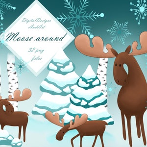 Moose clipart, Snowflakes clipart, winter clipart, forest moose scenes, moose illustration, watercolor clipart, planner sticker clipart