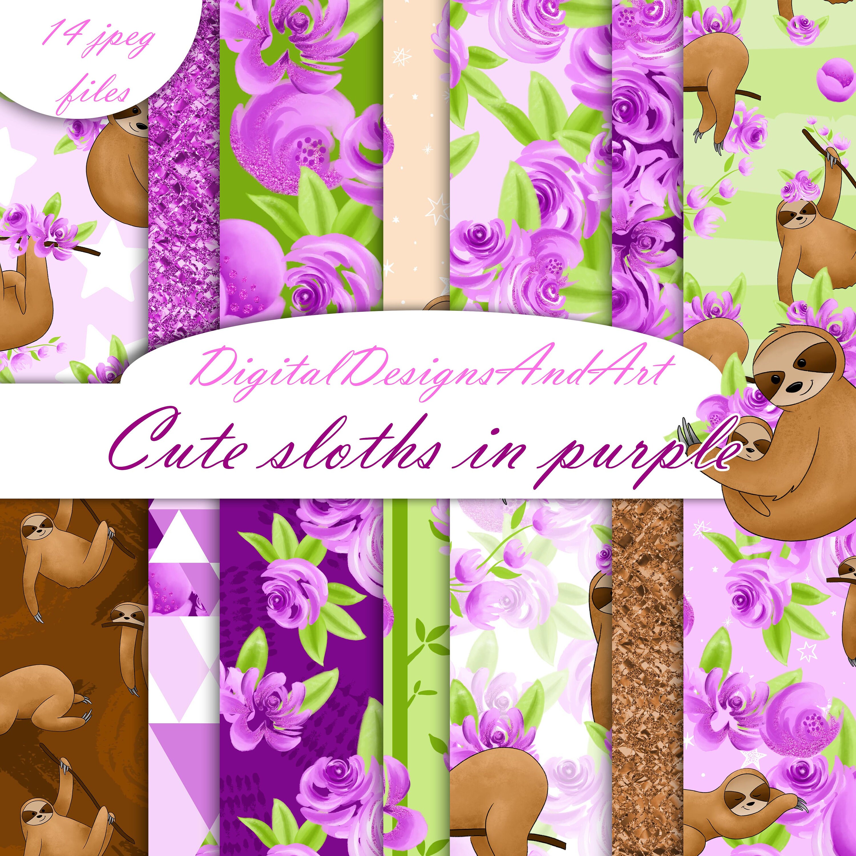 Sloth Digital Paper Sloths Digital Paper, Sloth Pattern, Animal Paper, Watercolor Paper ...