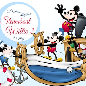 Clipart Steamboat Willie, Clipart Topolino, Clipart Nautico, Clipart Acquerello, Mickey svg, Uso Commerciale, Sublimazioni per Bambini, Clipart Pirata
