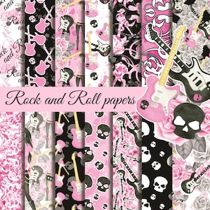 Papel digital de rock, paquete de papel digital, papel para álbum de recortes, fondo digital, papeles de rosas rosas, papel digital de música, moda