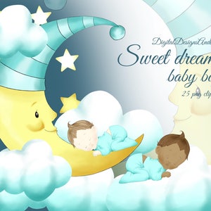 Babyjongen clipart, slapende baby clipart, zoete dromen baby illustratie, maan clipart, maan & sterren clipart, wolken clipart, aquarel