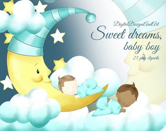 Baby boy clipart, Sleeping baby clipart, Sweet dreams baby illustration, Moon clipart, Moon & stars clipart, Clouds clipart, watercolor