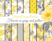 Floral digital paper pack, Yellow flower papers, Digital background, Planner stickers paper, Seamless patterns, gray floral paper, Scrapbook