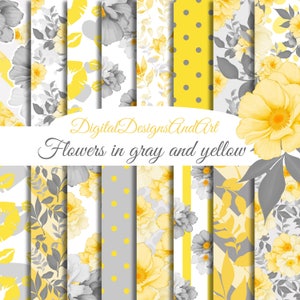 Floral digital paper pack, Yellow flower papers, Digital background, Planner stickers paper, Seamless patterns, gray floral paper, Scrapbook