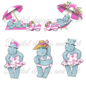 Hippo clipart, Cute hippo, Beach clipart, Funny beach clipart, Watercolor hippo, hippopotamus clipart, Summer clipart, Ball clipart image 3