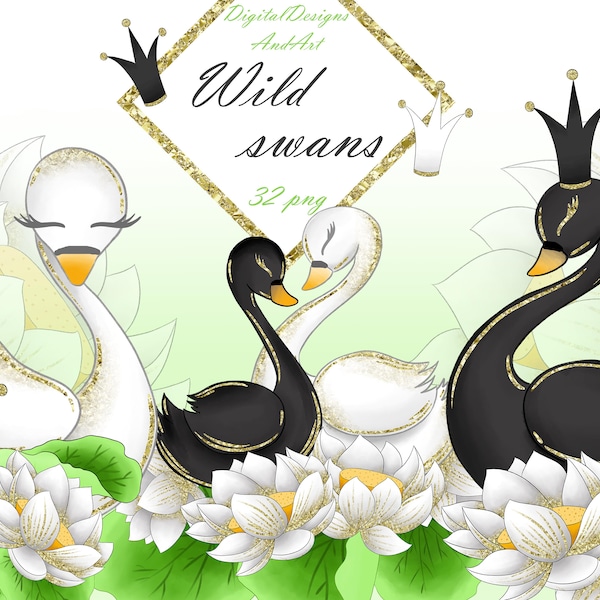 Wild swan clipart, Swan illustration, Black swan clipart, lotus clipart, Flower clipart, Glitter clipart, bird illustration, planner clipart