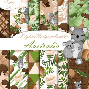 Papier numérique Australie, motif animaux, koala, ornithorynque, émeu, kangourou, oiseau kiwi, papier fleuri, motif floral, conception de tissu, publicité