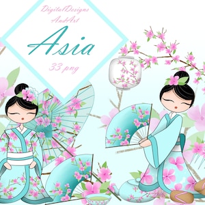 Japan clipart, Azië meisje clipart, geisha clipart, aquarel illustratie, commercieel gebruik, sticker clipart, kersenbloesem, lantaarn clipart