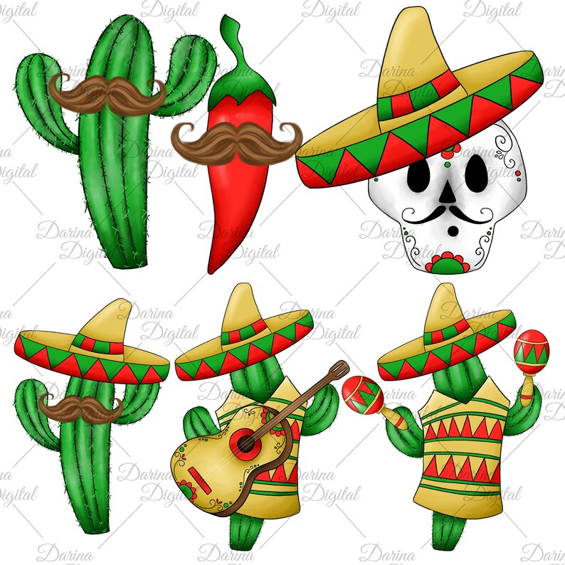 May include: A collection of whimsical Mexican-themed illustrations. Includes a green cactus with a brown mustache, a red chili pepper with a mustache, a skull wearing a sombrero, and cacti playing guitar and maracas, all in festive attire.