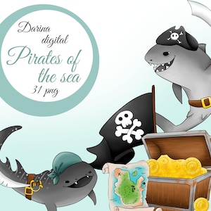 Piraten Clipart, Hai Clipart, Hai Illustration, Meer Clipart, Piraten Karte, Sommer Clipart, Kinder Clipart, Aquarell Clipart