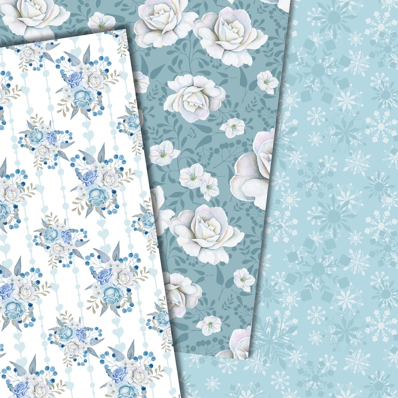 Winter digital paper, Floral seamless paper, Flower patterns, watercolor flower paper, winter flower pattern, digital background, scrapbook image 2