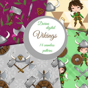 May include: A set of 14 digital seamless patterns featuring Viking-themed illustrations. The patterns include images of axes, swords, shields, helmets, and other Viking symbols. The patterns are in a variety of colors, including red, green, blue, and brown.