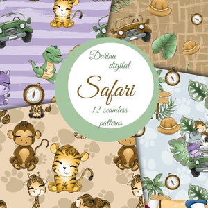 Jungle safari seamless paper, Safari animals pattern, Jungle papers, Cute jungle animals, Commercial use, Kids pattern, fabric design