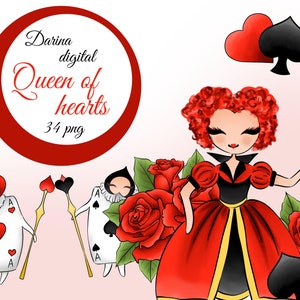 Queen of Hearts clipart, Alice In Woderland clipart, Hearts clipart, Queen clipart, Valentines day clipart, Rose clipart, Rose illustration