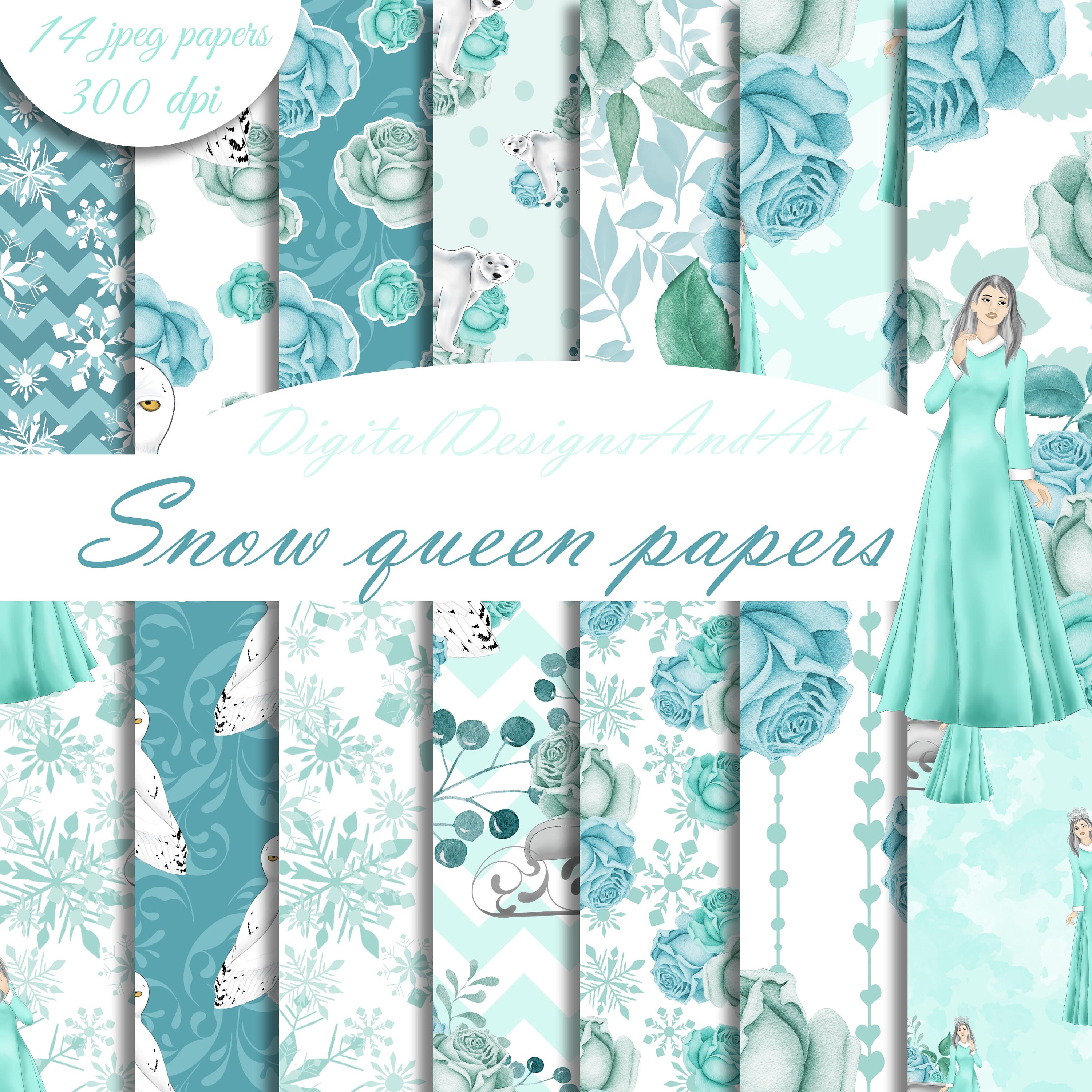 Snow queen paper Winter digital paper Blue roses paper Ice Etsy