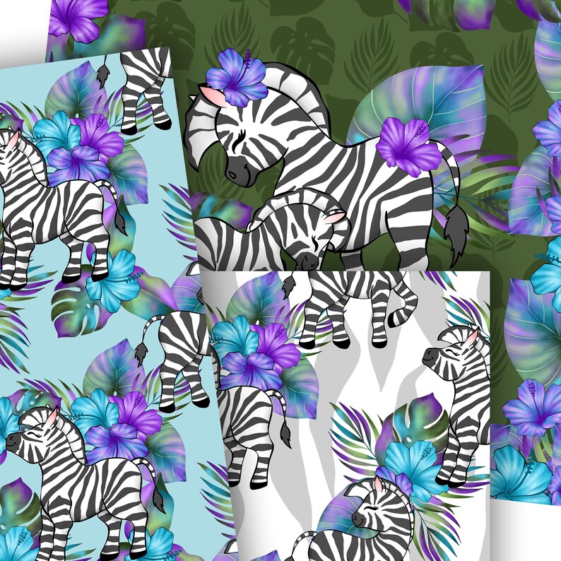 May include: A seamless pattern featuring black and white zebras with purple and blue hibiscus flowers on a light blue background.