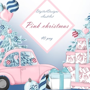 Pink christmas clipart, Watercolor clipart, Xmas clipart, Christmas tree, Presents clipart, Christmas toys clipart, Christmas car, xmas