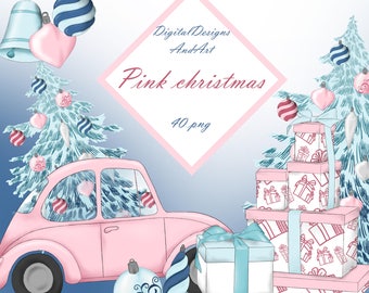 Pink christmas clipart, Watercolor clipart, Xmas clipart, Christmas tree, Presents clipart, Christmas toys clipart, Christmas car, xmas