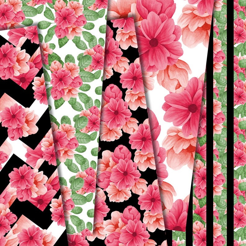 Pink flower digital paper, Pink and black digital paper, Floral seamless patterns, Watercolor flower background, Digital background image 3