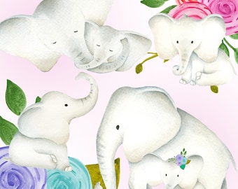 Cute elephant clipart, Baby & mama elephants clipart set, Elephant illustration, Watercolor elephant flower, Baby clipart, invitation