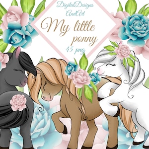 Pferd Clipart, Pony Clipart, Pony Illustration, Aquarell Clipart, Handgemalte Clipart, Blumen Clipart, Papier Lieferungen, Planer Clipart