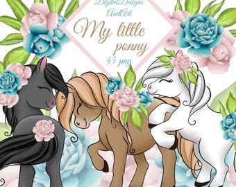 Horse clipart, Pony clipart, Pony illustration, watercolor clipart, Hand painted clipart, Flower clipart, Paper supplies, Planner clipart