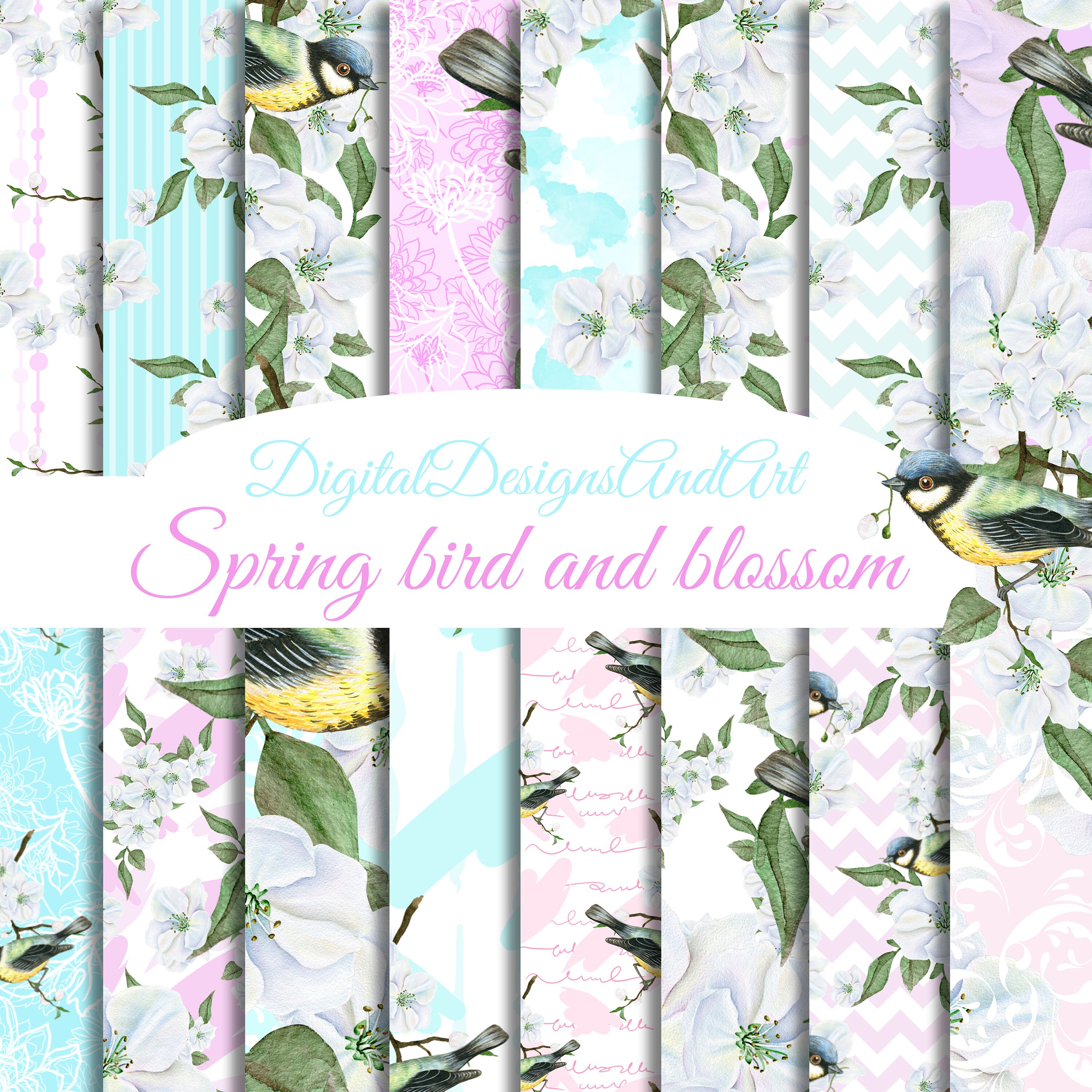 Spring Flowers & Bird Digital Paper Blossom Paper Bird | Etsy