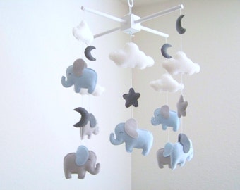 Elephant baby mobile, blue and gray baby mobile, nursery crib mobile, baby mobile, gray moon mobile cloud star mobile elephant nursery decor