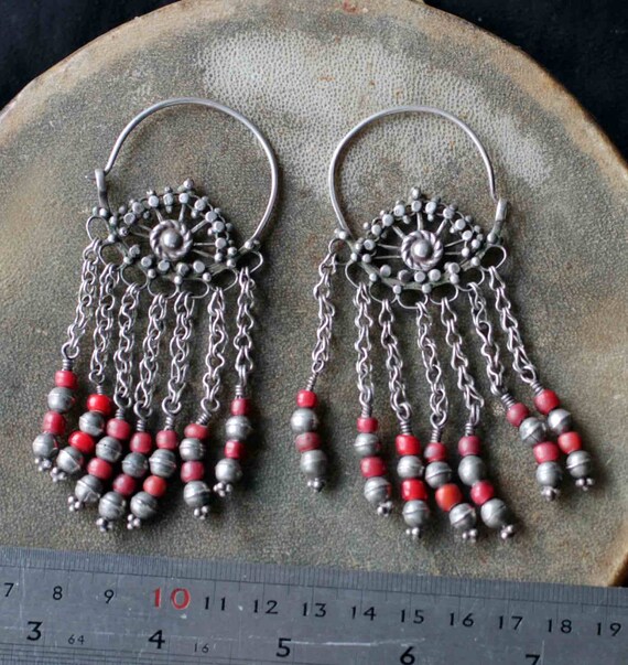handmade Turkmen Boho Afghanistan tribal old ethnic Uzbek style shoulder dusters TRIBAL TASSEL silver earrings tassels well worn
