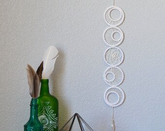 Small White Bohemian Dream Catcher - Crescent Moon Phase Wall Hanging - Phases of the Moon Neutral Nursery Decor - Crystal Boho Wedding Gift